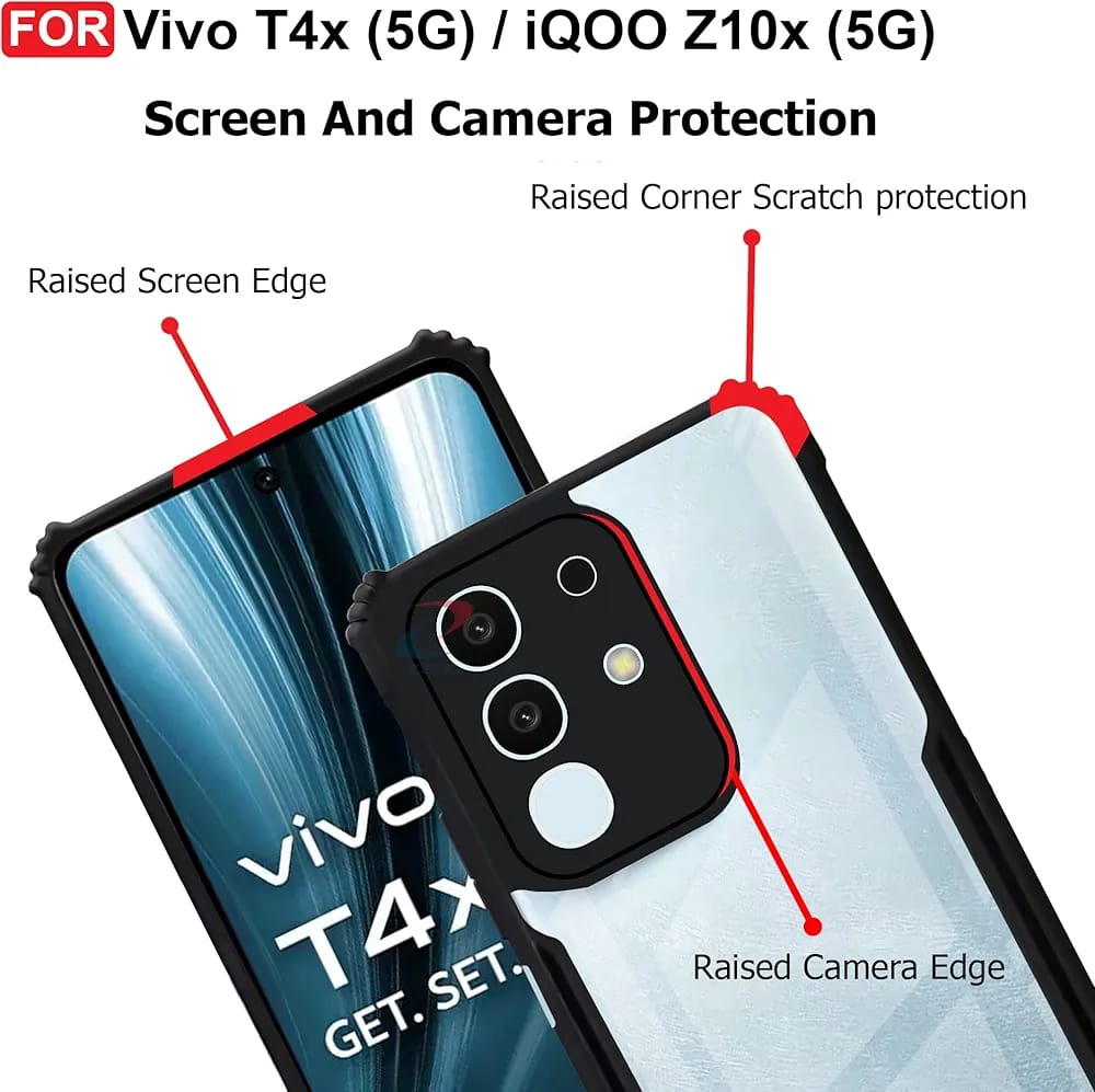 Vivo T4x (5G) / iQOO Z10x (5G) Back Case Cover | Camera Protection Shockproof Bumper-Edge | Acrylic Crystal Clear 360 Degree Protection TPU+PC | Transparent Eagle Back Case Cover (Black) Image 3