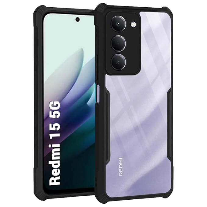 Shockproof Crystal Clear Back Cover Case for Mi Redmi 15 5G | 360 Degree Protection | Protective Design | Transparent Back Cover Case for Redmi 15 5G (PC & TPU, Black Bumper)