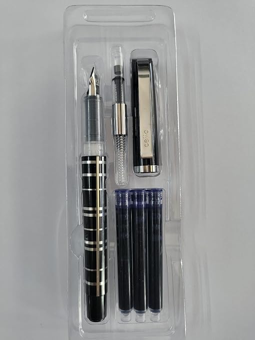 Cello Royal Fountain Pen - with 3 Jumbo Cartridges - Free Ink Coverter - Stylish Matal Clip - Blue Ink - (Pack of 1) Image 2