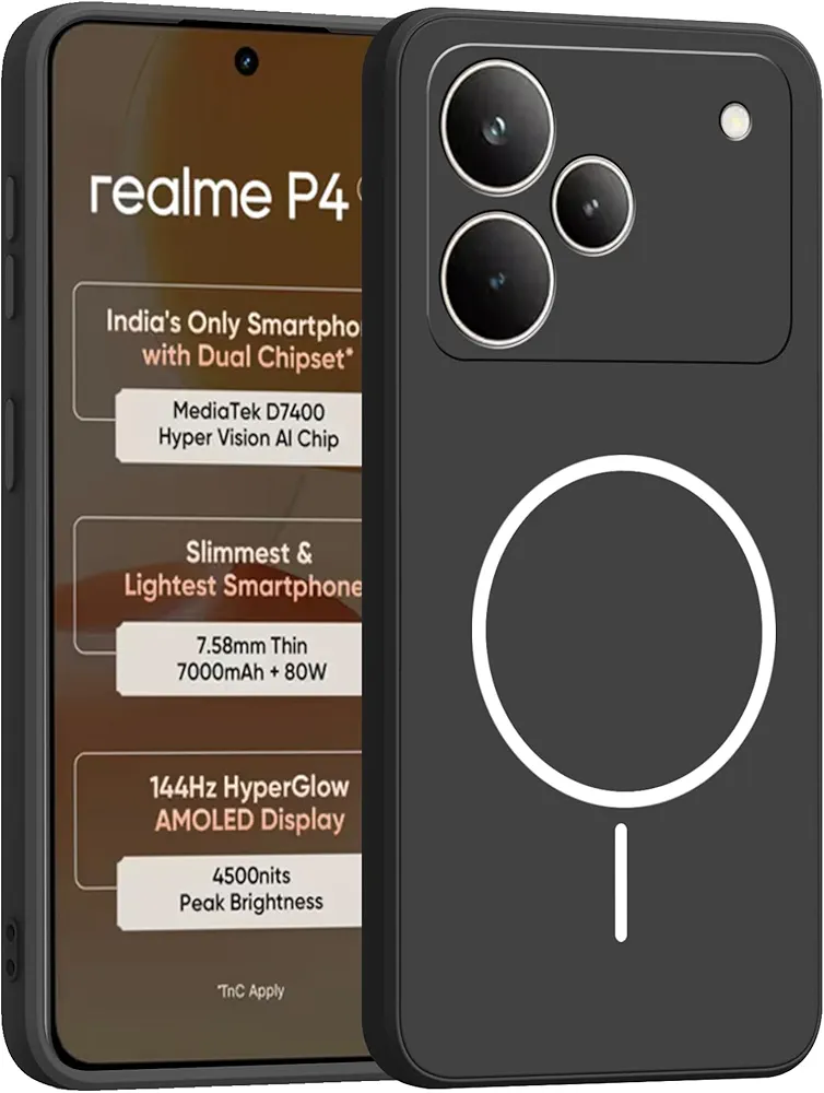 Back Cover for Realme P4 5G – Ultra Slim Soft Rubberised Case with Camera Protection | Magsafe Logo Printed (Not Magsafe Compatible) – Black - Buy Online at Indezaar