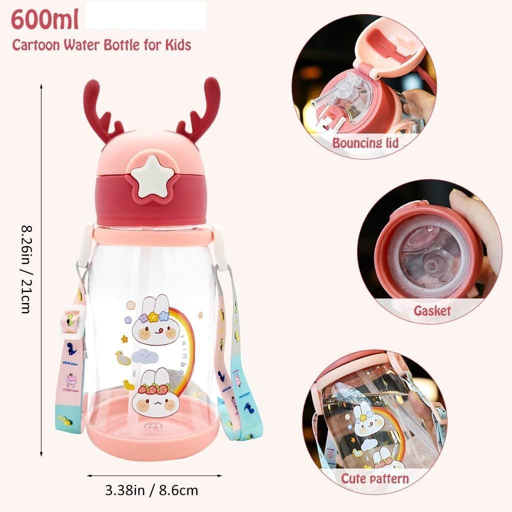 Kids Cartoon Water Bottle with Straw – 600 ml | Portable, Leak-Proof, Large Capacity | With Shoulder Strap – Multicolor Image 2