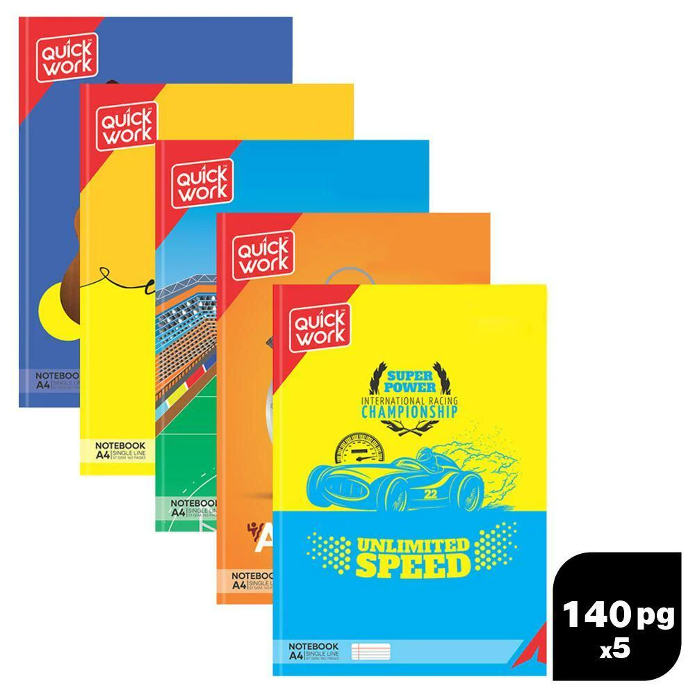 Quickwork A4 Binded Single Line Notebook – 140 Pages (Pack of 5) - Buy Online at Indezaar