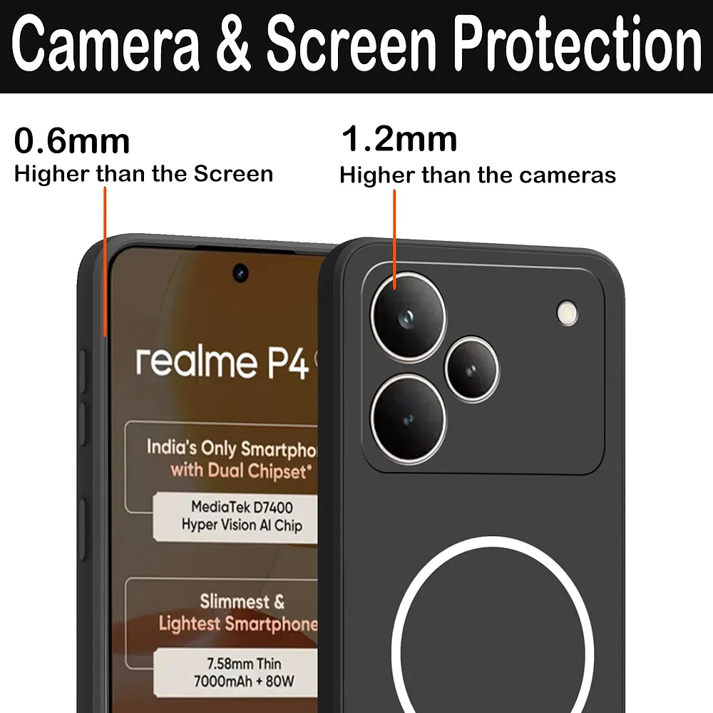 Back Cover for Realme P4 5G – Ultra Slim Soft Rubberised Case with Camera Protection | Magsafe Logo Printed (Not Magsafe Compatible) – Black Image 3
